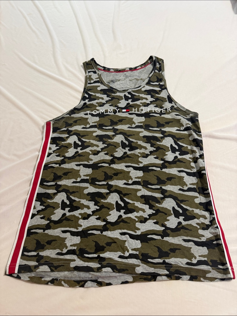 Tommy Hilfiger Men’s Olive & Gray Camo Tank with Red Stripe